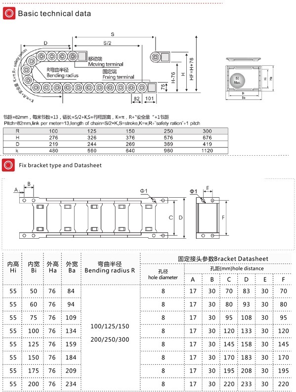 Máng xích nhựa cầu hở, cao trong 55mm