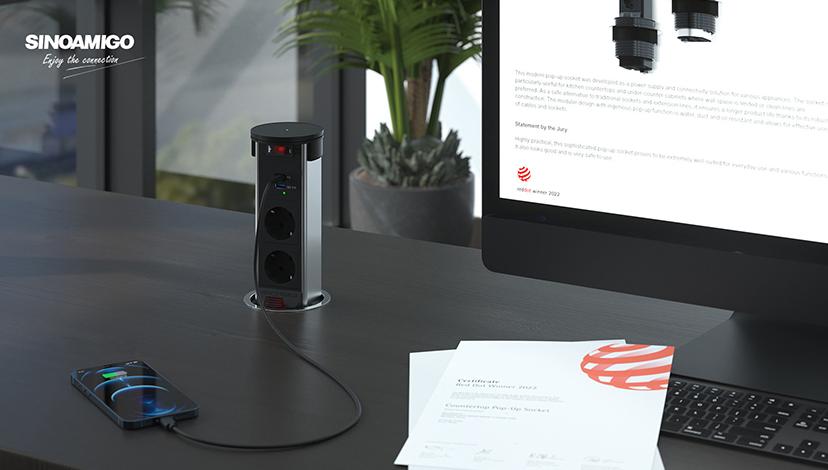 Ổ cắm điện âm bàn Sinoamigo STP-2AB/2Pu+Qi