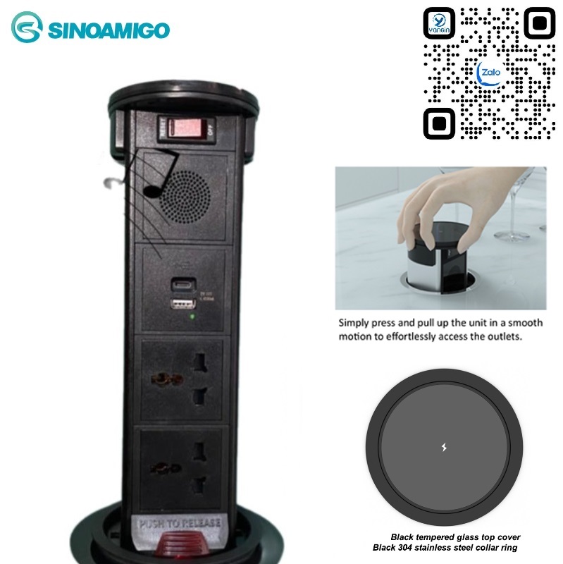 Ổ cắm điện âm bàn Sinoamigo STP-2AB/2Pub+Qi