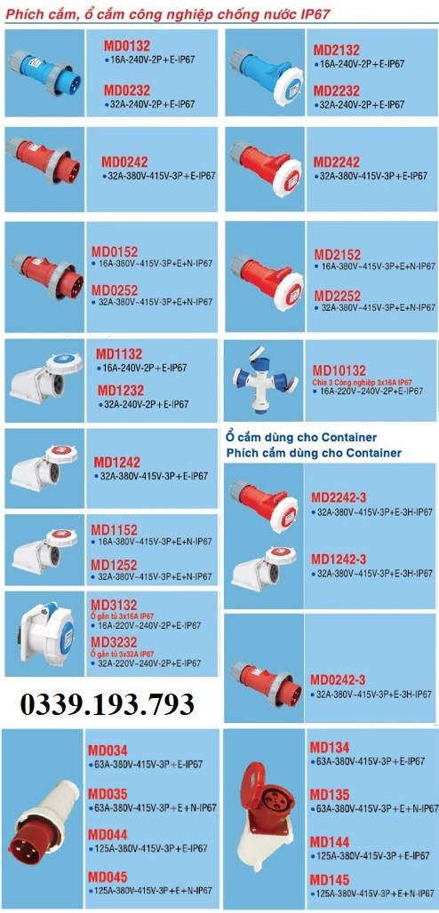 Ổ cắm công nghiệp chia 3 32A 2P+E IP44 MDCE MD1023