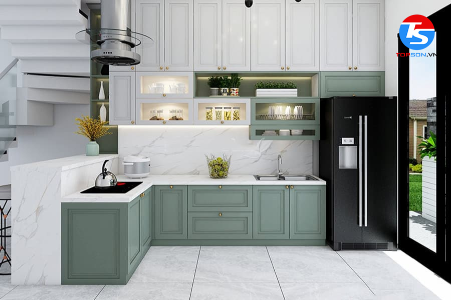 Phòng bếp xanh cốm nhạt theo phong cách tân cổ điển