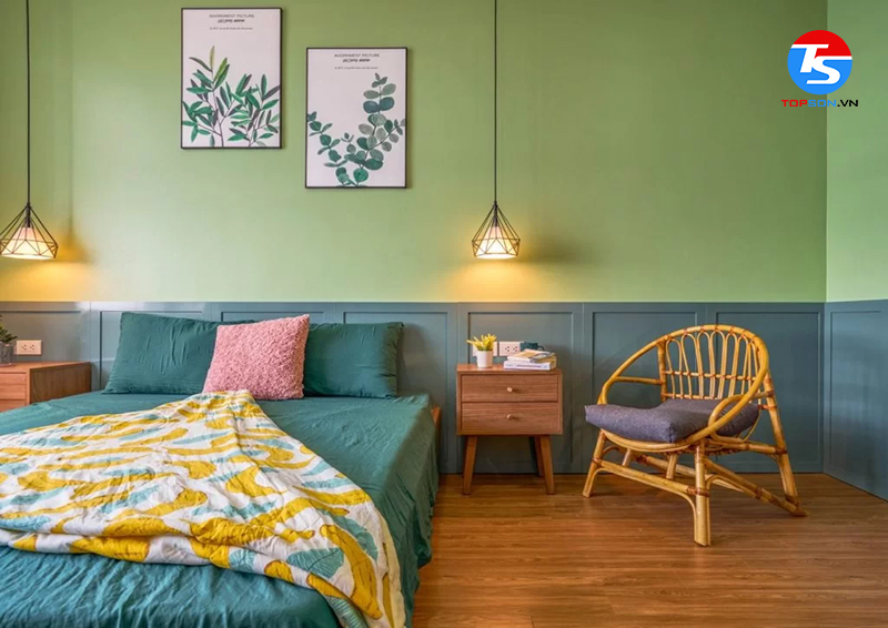 Phòng ngủ xanh cốm mang phong cách hiện đại