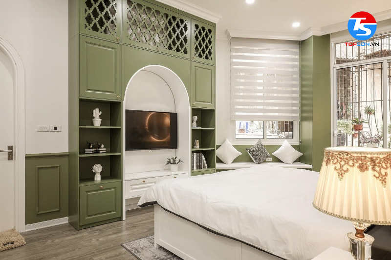 Phòng ngủ xanh cốm thường được kết hợp với nội thất màu trắng