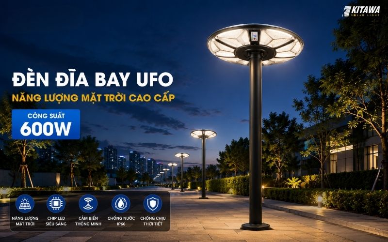 Đèn UFO năng lượng mặt trời 600W phù hợp lắp đặt sân vườn