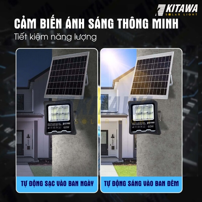 Đèn pha năng lượng mặt trời 60W với chế độ cảm biến ánh sáng tiện lợi