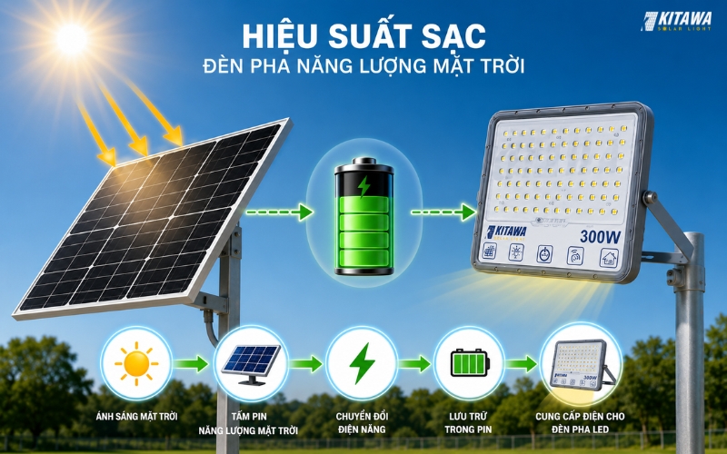 Hiệu suất sạc của đèn pha năng lượng mặt trời là tỷ lệ chuyển đổi năng lượng từ ánh sáng mặt trời