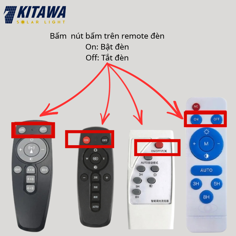 Bật tắt đèn năng lượng mặt trời bằng nút ON và OFF trên remote