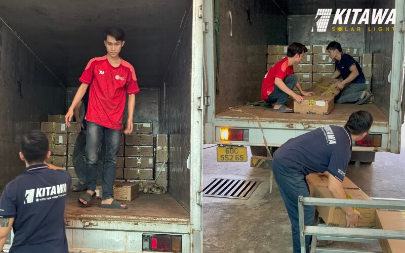 Nhân viên Kitawa vận chuyển đèn lên xe