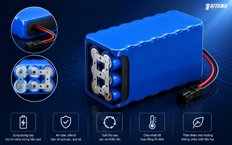 Pin lưu trữ đèn pha LED là bộ phận có nhiệm vụ lưu trữ điện năng