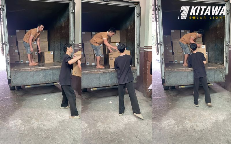 Quá trình vận chuyển đèn pha năng lượng mặt trời 100W cho đại lý của KITAWA