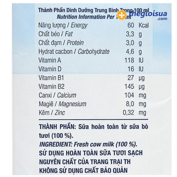 Thanh phan dinh duong co trong sua TH True Milk