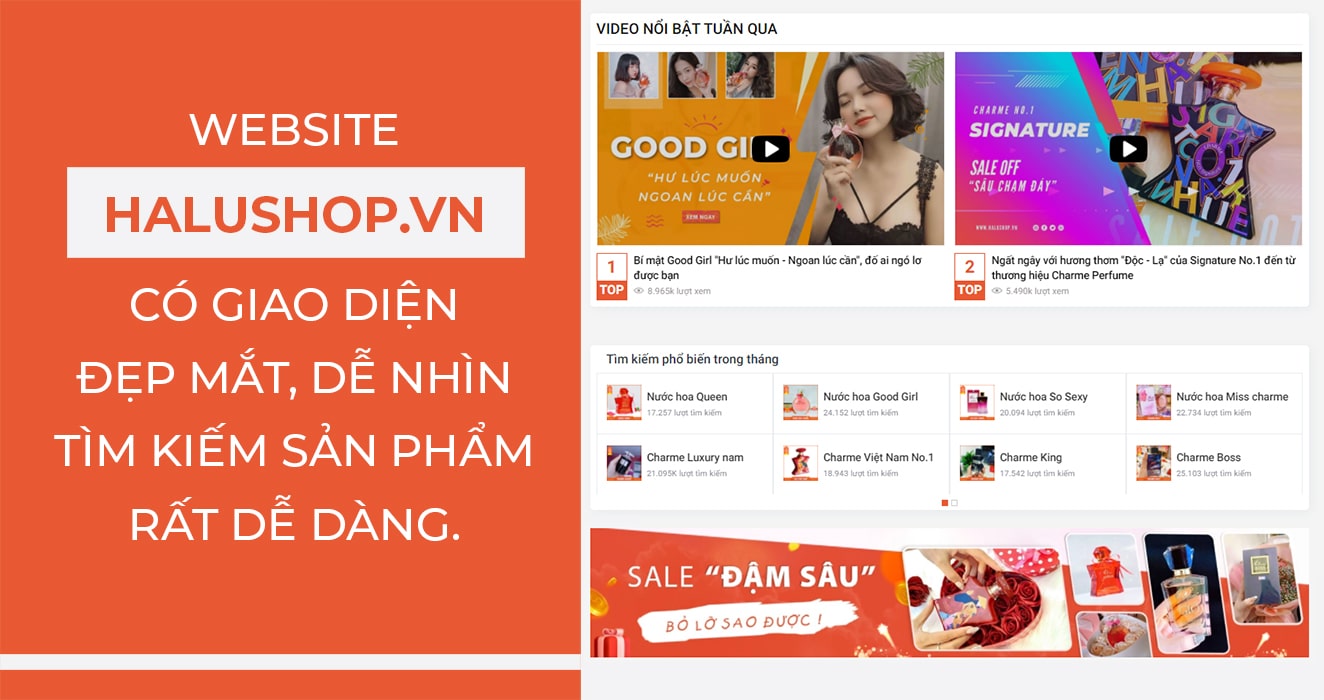 Trang website nước hoa Halushop có giao diện dễ nhìn, thân thiện, giúp bạn dễ dàng tìm kiếm sản phẩm mình cần tìm