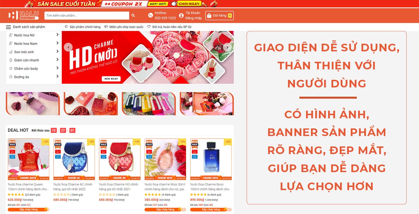 giao diện website nước hoa halushop dễ sử dụng, thân thiện với người dùng