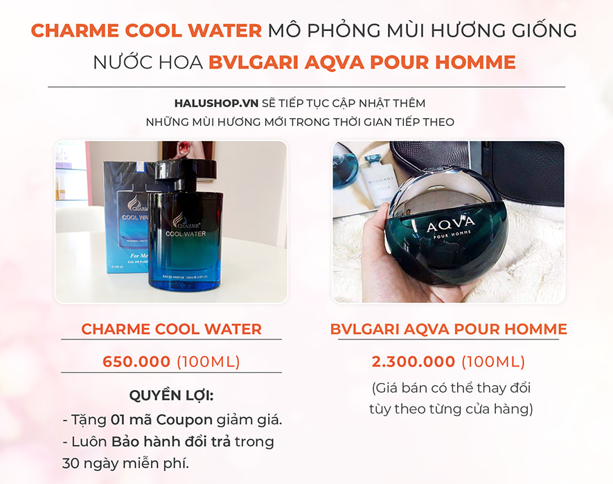 nước hoa charme cool water có mùi hương giống nước hoa bvlgari aqva pour homme