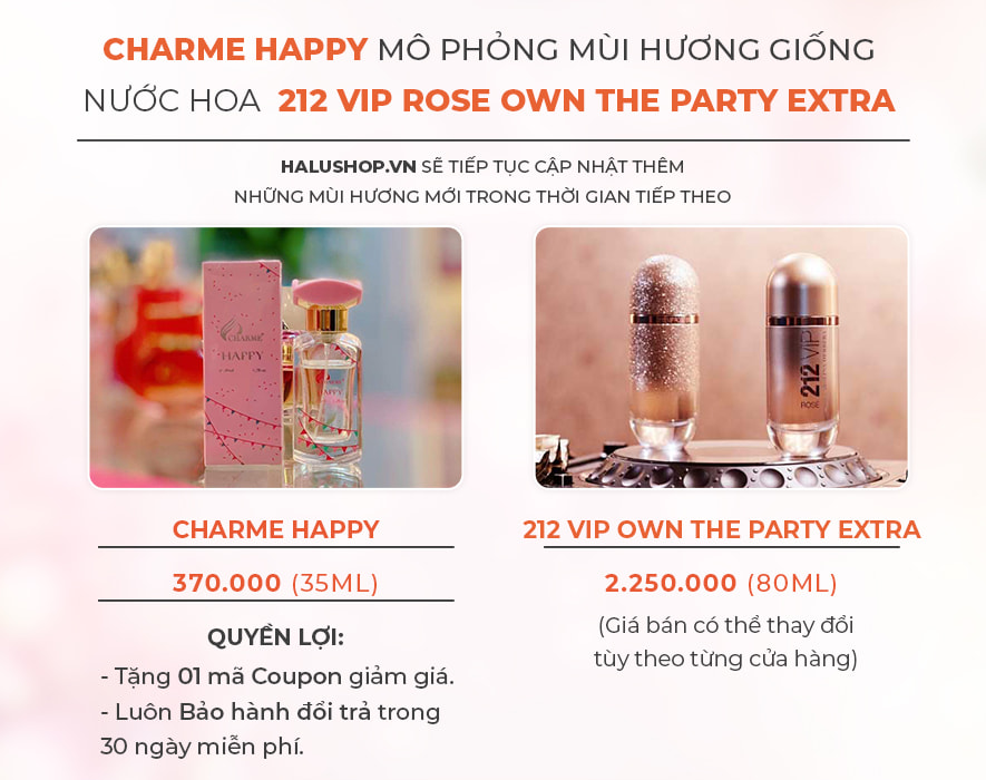 nước hoa charme happy có mùi hương giống nước hoa caroline herrera 212 vip rose own the party extra