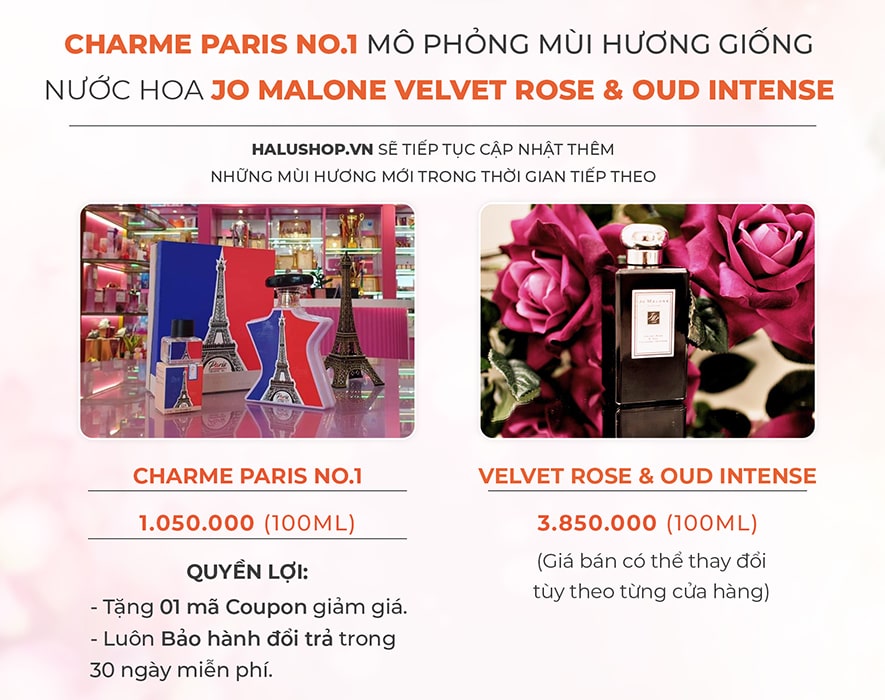 nước hoa charme paris no1 có mùi hương giống nước hoa Jo Malone Velvet rose oud intense