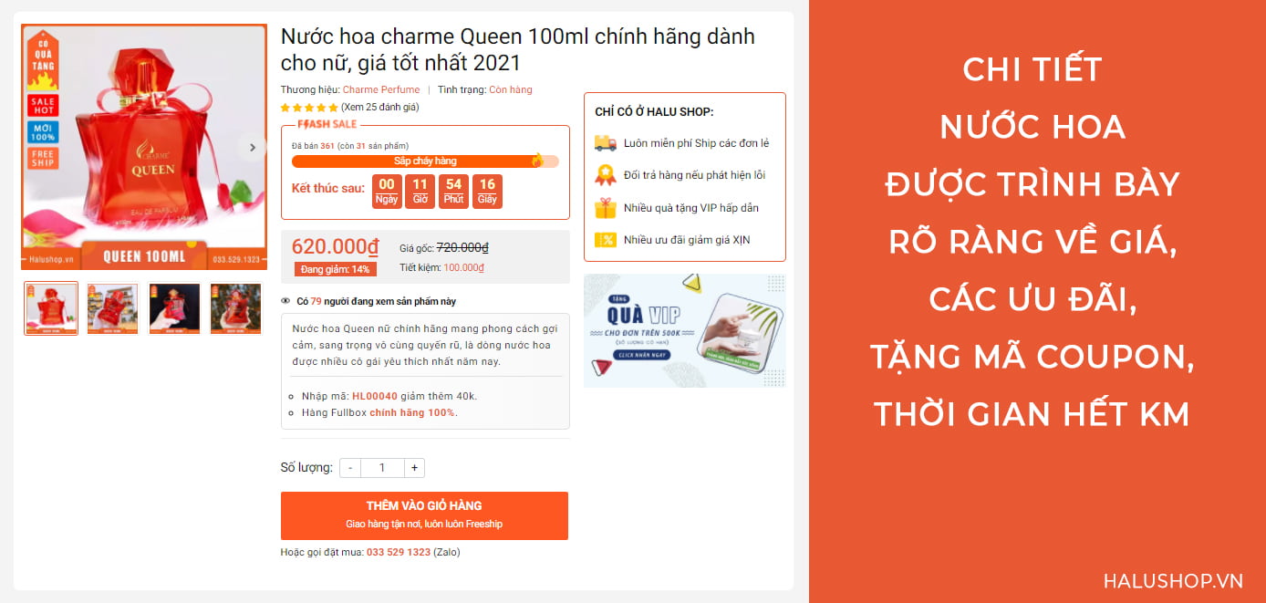 nước hoa charme queen tại halushop trình bày rõ ràng, đẹp mắt
