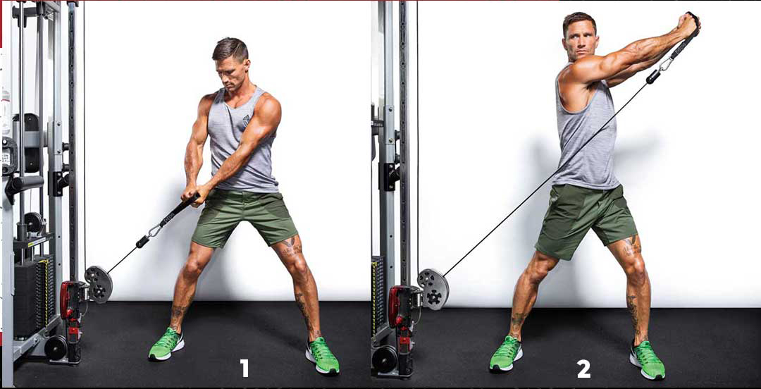 Bài tập đứng kéo cáp chéo người gập đầu gối