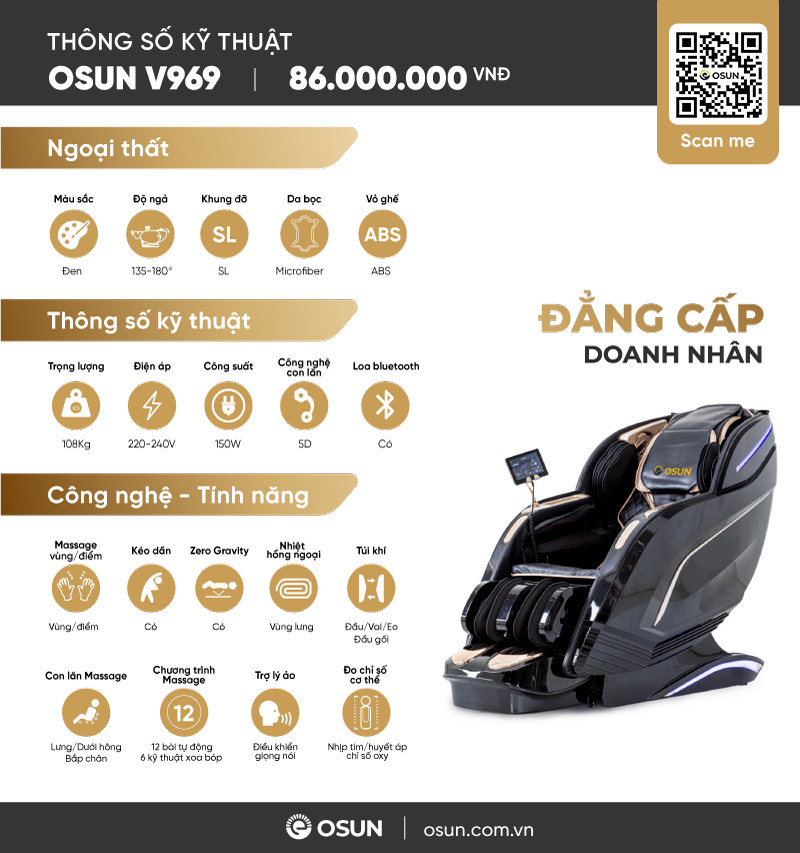 Thông số kỹ thuật của ghế massage toàn thân OSUN V-969