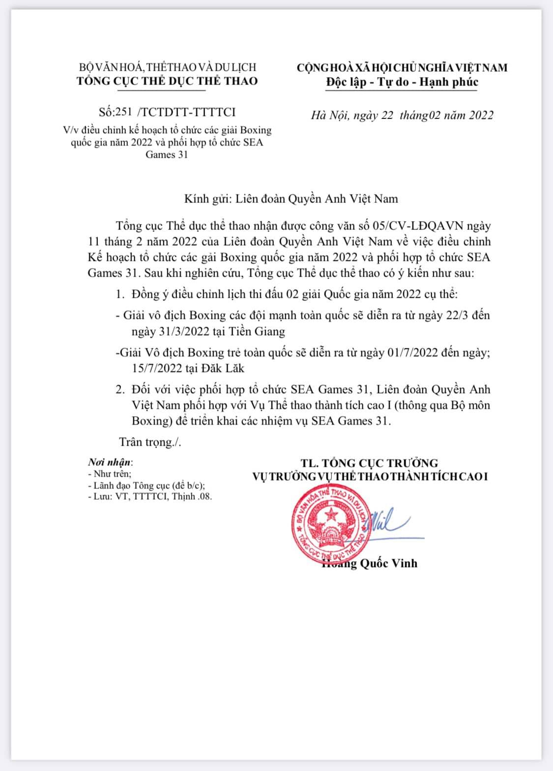 Trang chủ Liên đoàn quyền Anh Việt Nam (VBF) đã thông báo về lịch thi đấu giải boxing trẻ toàn quốc 2022.