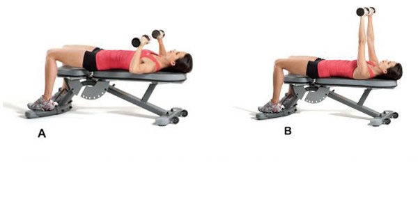 Bài tập thon gọn cơ tay nằm trên ghế dốc đẩy tạ lên cao