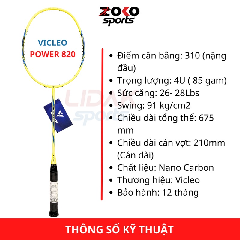 Thông số kỹ thuật vợt cầu lông Vicleo Power 820 chính hãng giá rẻ mức 9kg 10kg 11kg 
