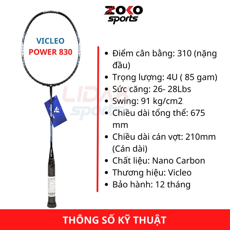 Thông số kỹ thuật vợt cầu lông Vicleo Power 830 chính hãng mức 10kg 11kg 12kg