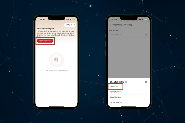 Chọn lệnh Tạo mới yêu cầu - Chọn thông tin - Đăng ký xe