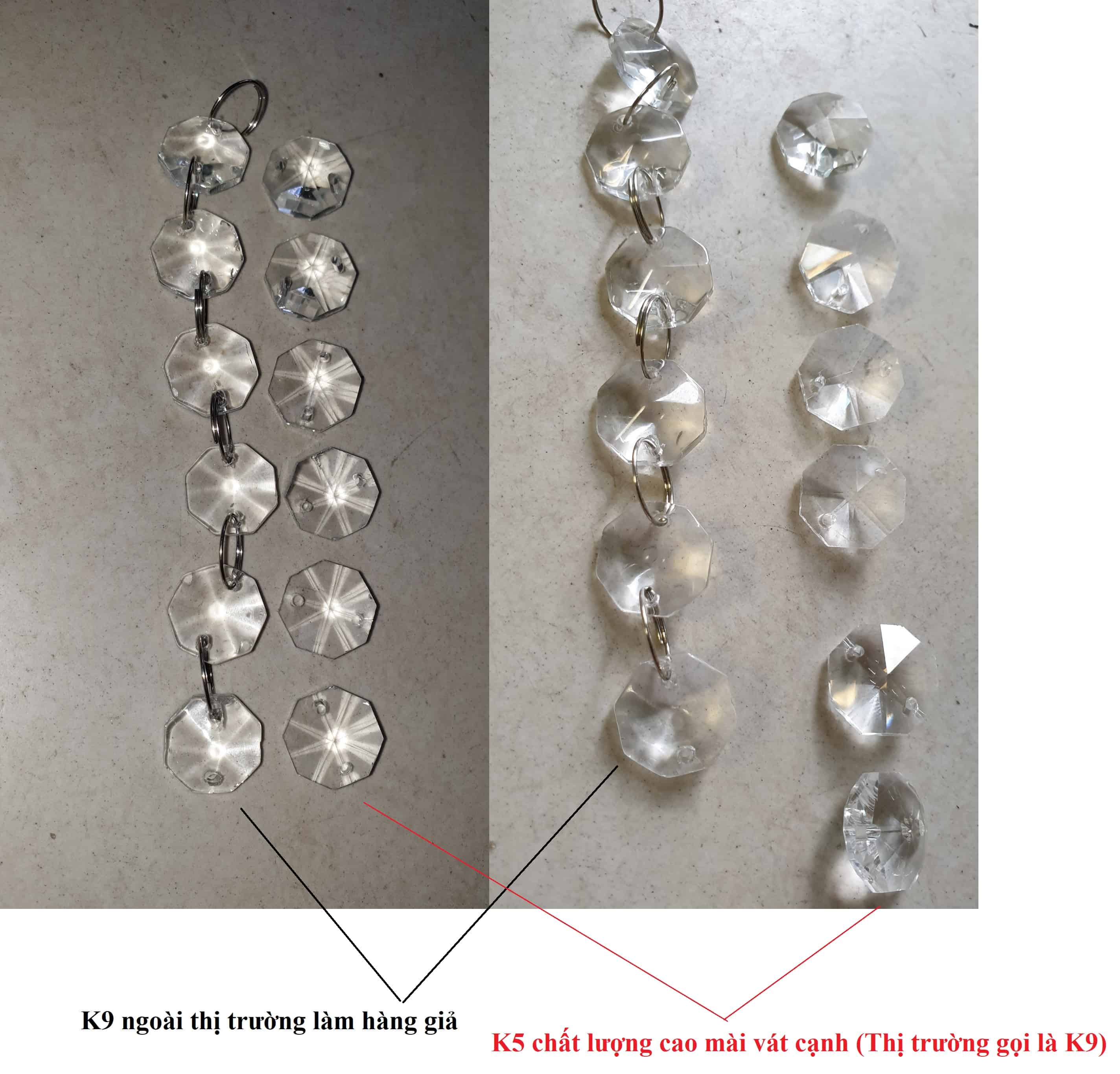 So sánh pha lê K5 chất lượng cao và pha lê K9 giả trên thị trường