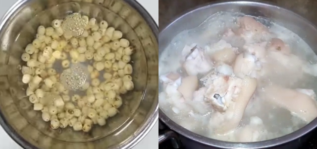 Sơ chế chân giò và hạt sen