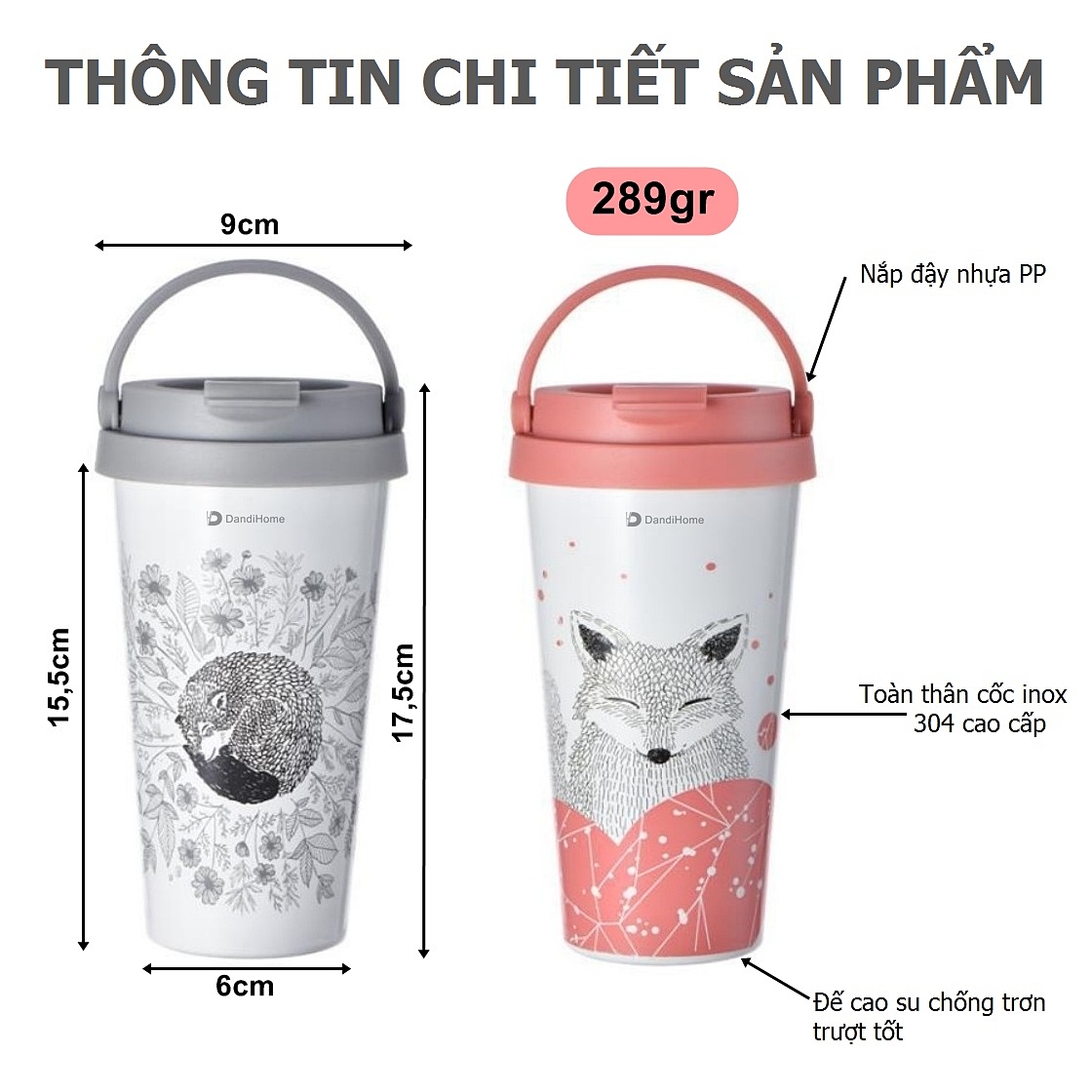 Cốc (Ly) cách nhiệt, giữ nhiệt inox 304 chú Cáo (500ml)