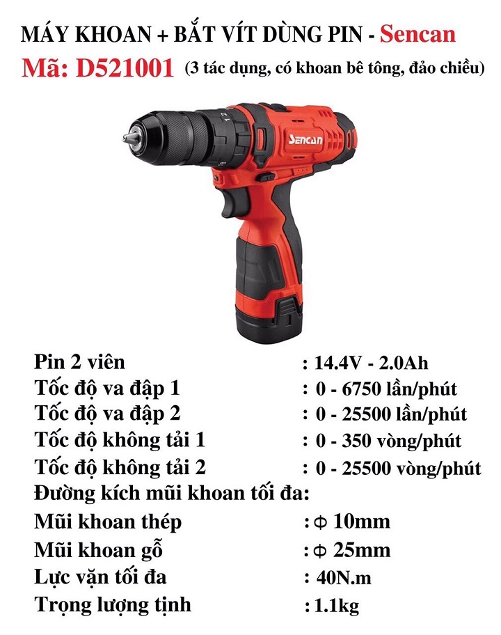 Máy Khoan Vặn Vít Dùng Pin Sencan D521001-14.4V