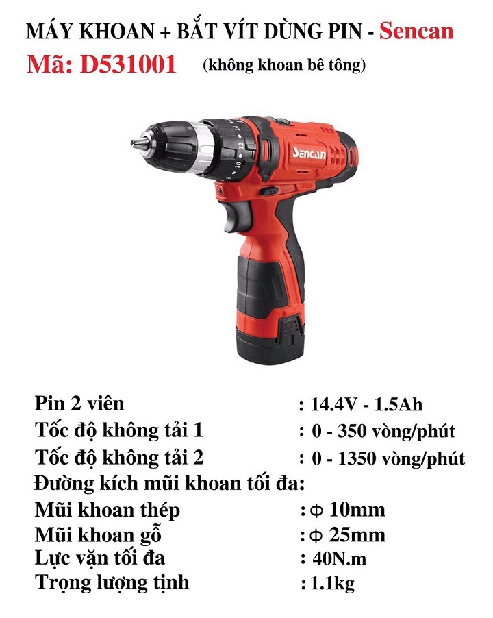 Máy Khoan Vặn Vít Dùng Pin Sencan D531001-14.4V 2