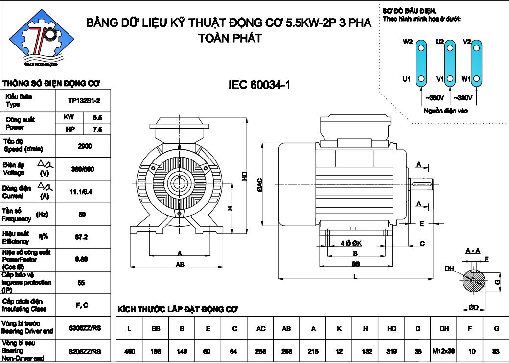 Động Cơ Điện Toàn Phát 5.5Kw 380V 2900 Vòng/Phút 2