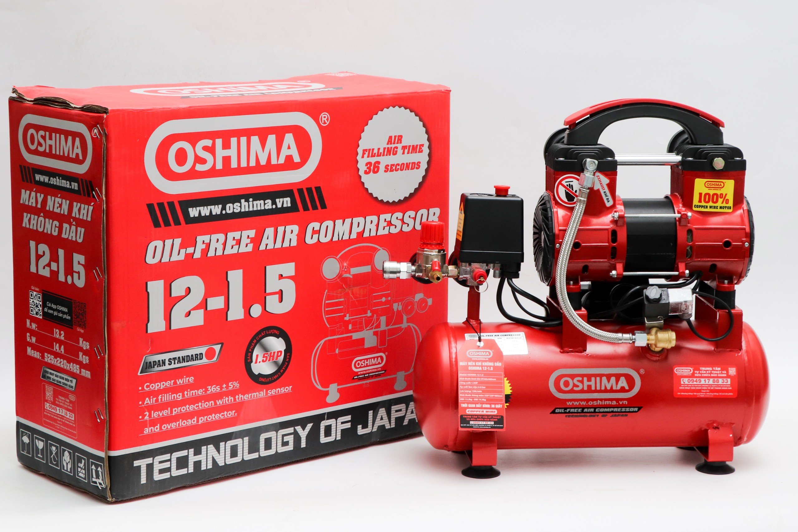 Máy Nén Khí Không Dầu Oshima 1.5HP 12L