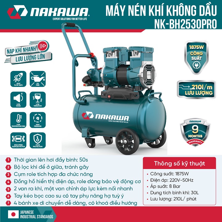 Máy Nén Khí Không Dầu Nakawa 1875W NK-BH2530PRO 30L