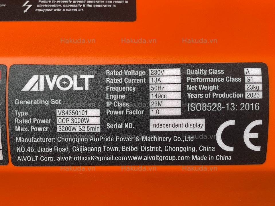 Máy Phát Điện Chạy Xăng 3Kw Aivolt VS4350101 Inverter Siêu Cách Âm