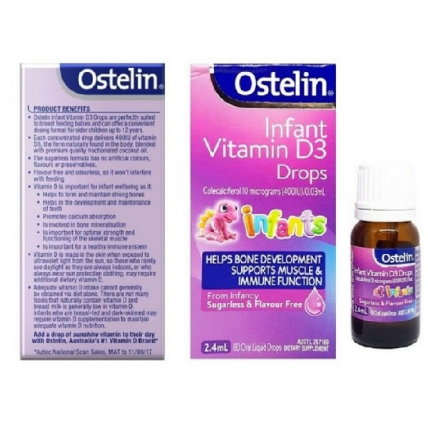 Thành phần Vitamin D3 Ostelin cho trẻ sơ sinh đến 12 tuổi nhỏ giọt