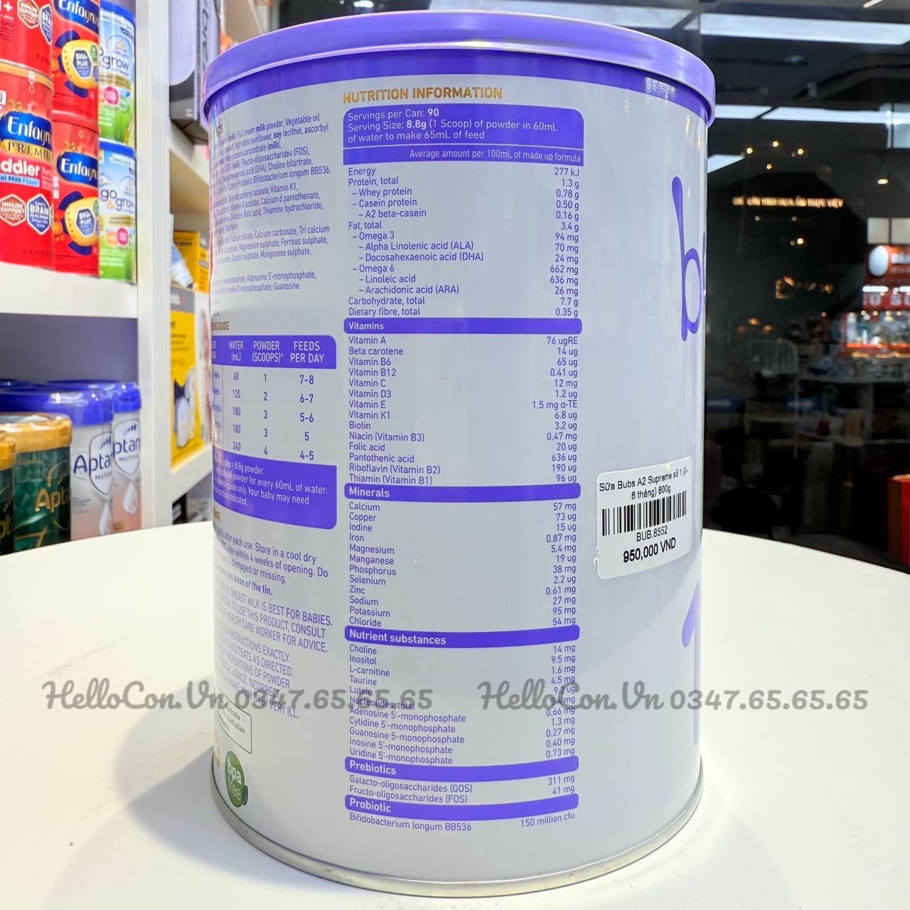 Ảnh thành phần dinh dưỡng cửa Sữa Bubs Supreme Số 1