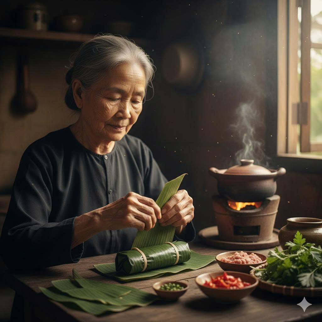 Đôi bàn tay Mẹ cặm cụi gói ghém từng chiếc nem, từng đòn chả, gửi gắm tất cả tình yêu thương và sự tỉ mỉ vào món quà Tết vô giá này.