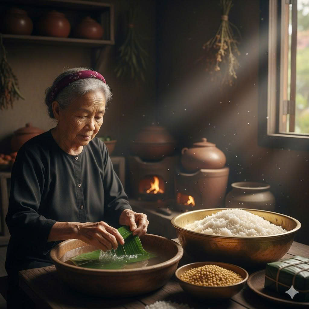 Đôi bàn tay tần tảo của Bà tỉ mẩn gói từng chiếc bánh chưng, một nghi thức thiêng liêng khởi đầu mùa Tết và gói ghém tình yêu thương.