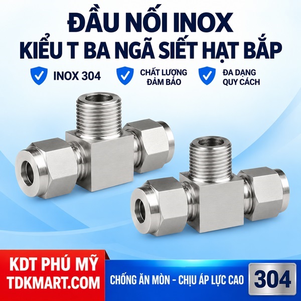 Đầu nối chữ T Inox 304 2 đầu siết hạt bắp và 1 đầu ren ngoài