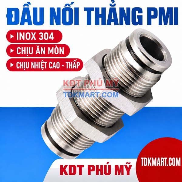 Đầu nối nhanh khí nén inox 304 thẳng 2 đầu ghim ống và có ốc siết thành xuyên vách CHỊU ĂN MÒN