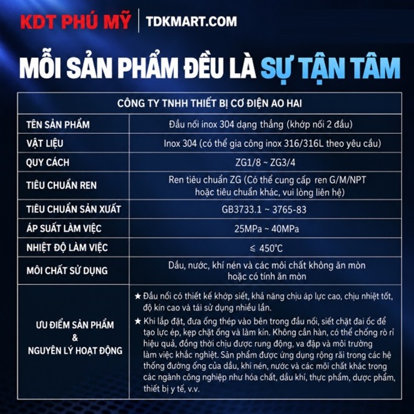 Đầu nối thẳng inox 304 hai đầu siết hạt bắp thông số