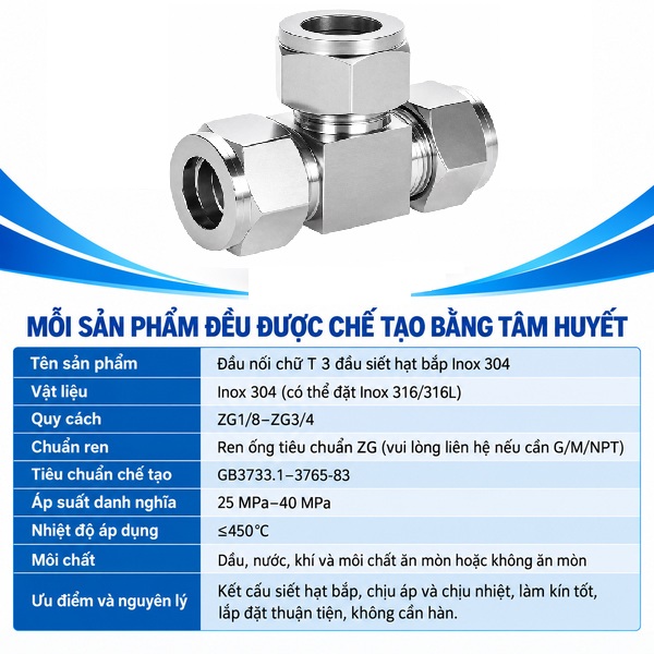 Đầu nối Inox 304 dạng chữ T có 3 đầu siết hạt bắp THÔNG SỐ