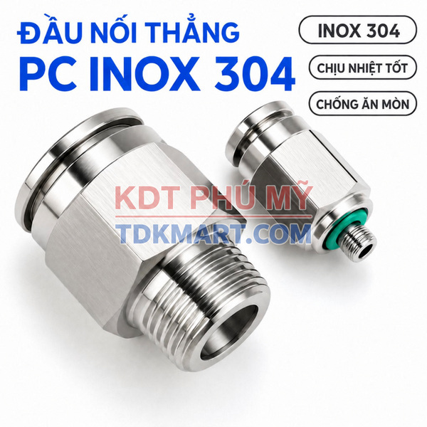 Đầu nối nhanh khí nén Inox 304 thẳng 1 đầu ghim ống và 1 đầu ren ngoài chịu nhiệt