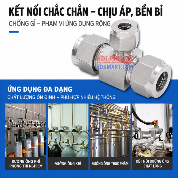 Đầu nối nhanh khí nén chữ T Inox 304 2 đầu ghim ống và 1 đầu ren ngoài KẾT NỐI CHẮC CHẮN