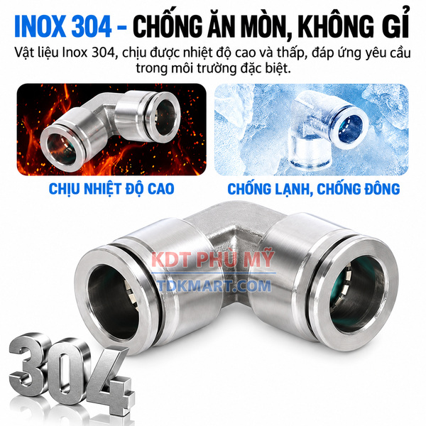 Co nối nhanh khí nén Inox 304 2 đầu ghim ống CHỐNG ĂN MÒN