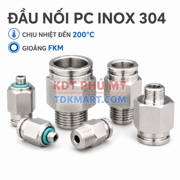 Đầu nối nhanh khí nén Inox 304 thẳng 1 đầu ghim ống và 1 đầu ren ngoài gioăng FKM