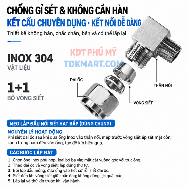 Co nối thép không rỉ 304 có 1 đầu siết hạt bắp và 1 đầu ren ngoài CHỐNG GỈ SÉT